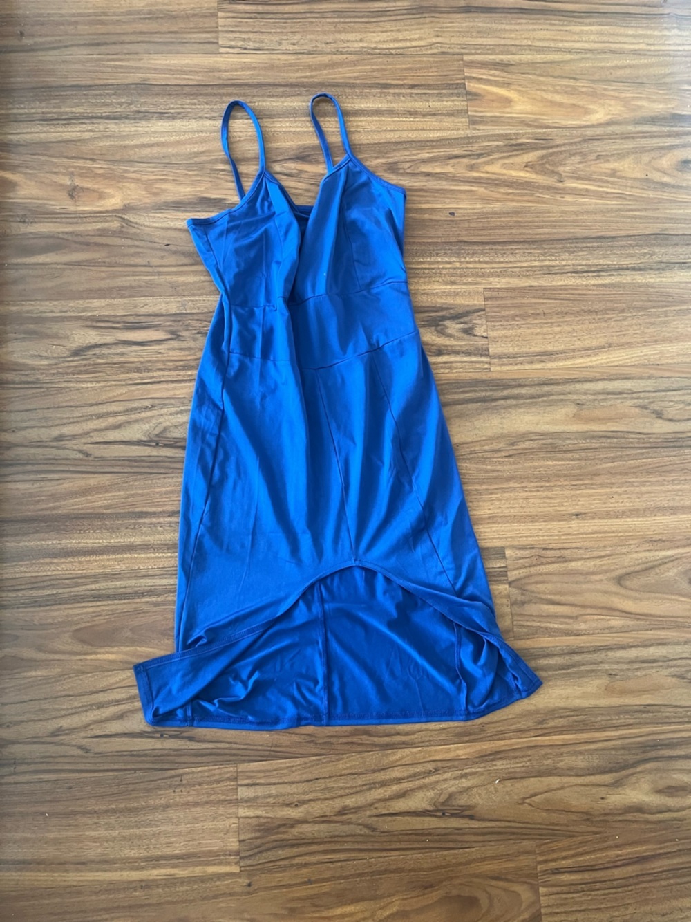 Sleek Cobalt Blue knee length bodycon Dress with Spaghetti Straps - Picture 2 of 5